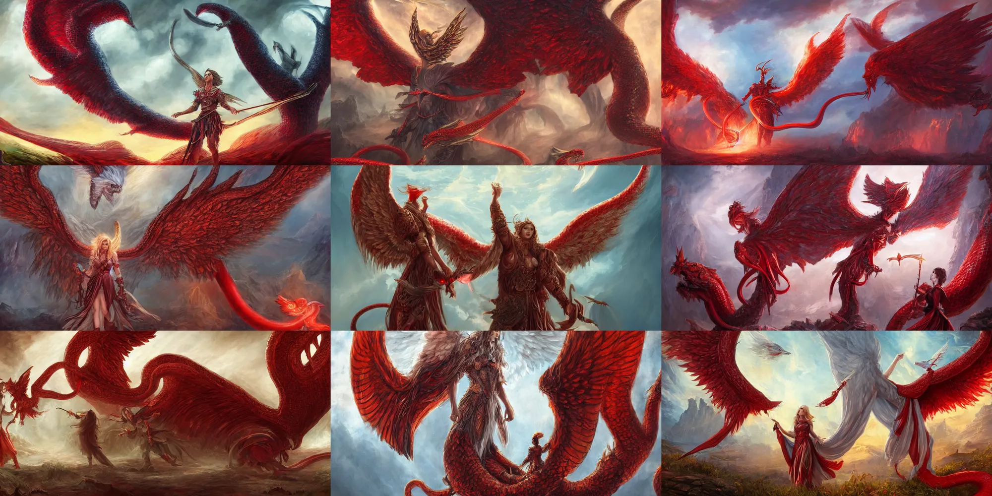 Prompt: d & d fantasy book illustration of an angel with big wings near a giant red snake on the right, fantasy, epic, high detail, 4 k, beautiful light, fineart