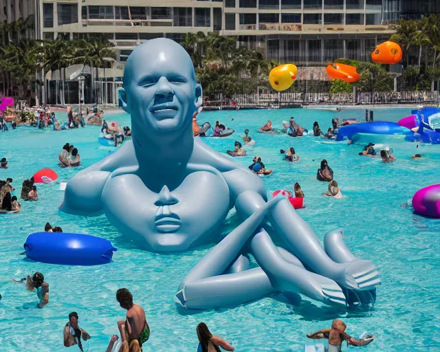 Image similar to a long shot of a giant award winning sculpture made out of tons of inflatable pool toys in the shape of a human head, on the surface of the ocean, in the style of chad knight, hyper detailed, hyper realistic, ray tracing, 8 k resolution, sharp focus, realistic water