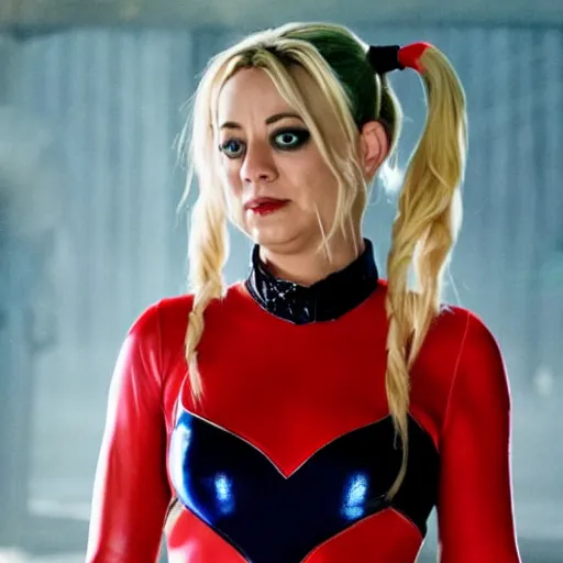 Image similar to A still of Kaley Cuoco as Harley Quinn