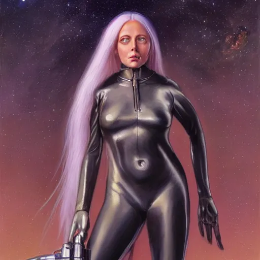 Image similar to pleiadian woman with big eyes and long silver hair wearing a dark body suit and holding a plasma gun as a sci fi character, portrait art by donato giancola and greg rutkowski, digital art, trending on artstation, standing in a barren field