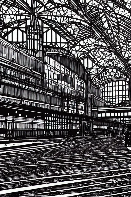 Prompt: a beautiful linocut print on paper of gare du nord interior, london, 8 k, frostbite 3 engine, cryengine, dof, trending on artstation, digital art, crepuscular ray, by gail brodholt