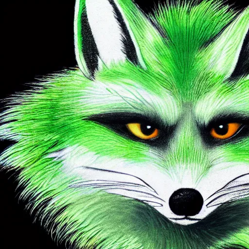 Image similar to close up of photorealistic green fox with green fur and glowing magenta eyes, wearing a black hoodie