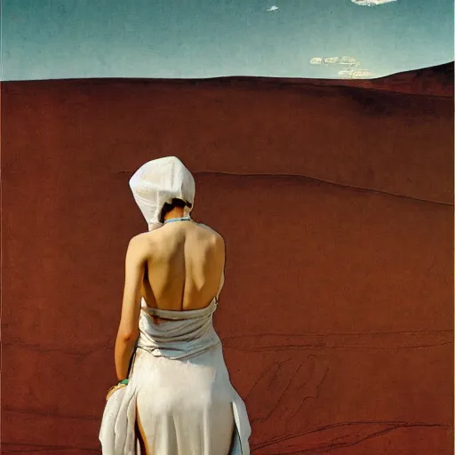 Image similar to a girl with white dress inside the desert by egon schiele and michael angelo, baroque, matte painting, concept art,highly detailed,sharp lines, hdri, 4k -