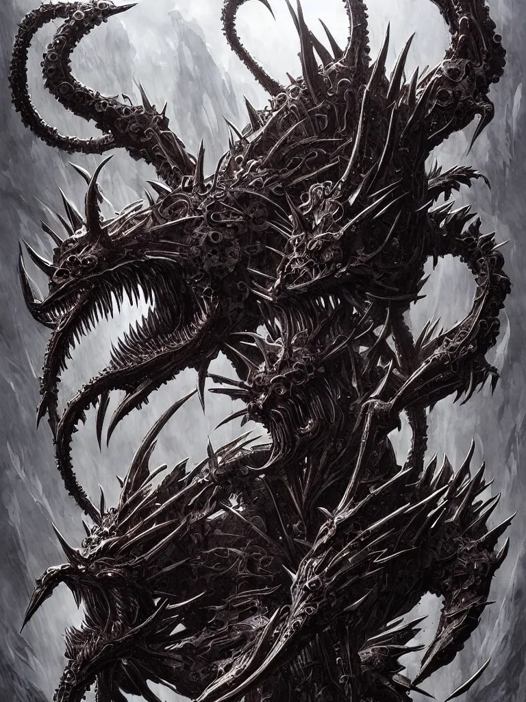 Image similar to exquisite imaginative creature beast from chinese mythology, nanotech demonic monster horror, frontal symmetry, sharp, ghost in the shell, slender and densely arranged teeth, rna bioweapon, poster art, movie art, elegant, illustrated by kentaro miura, game, movie concept art, by brom gerald