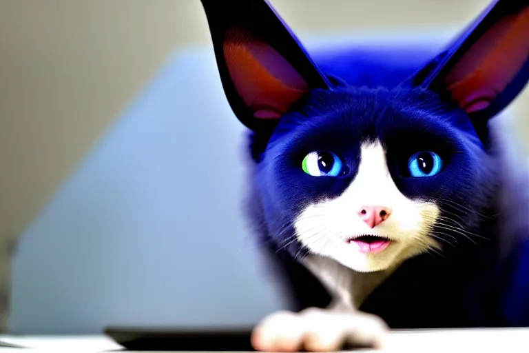 Prompt: a blue - and - black male catbat fursona with blue / green heterochromatic eyes ( differently colored eyes ) and huge bat ears, photo of the catbat streaming on his computer