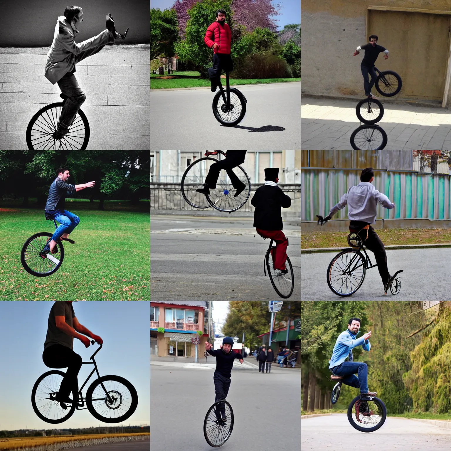 Prompt: a man riding a unicycle, in the style of turhan selcuk