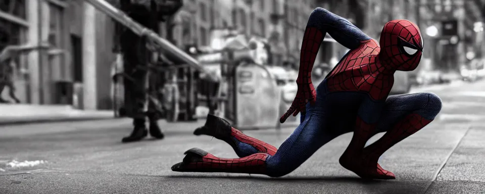 Image similar to soldier shoots spiderman, new york, shallow depth of field, photoreal, cinematic