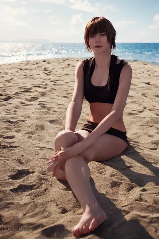 Prompt: Max Caulfield enjoying the summer on the beach