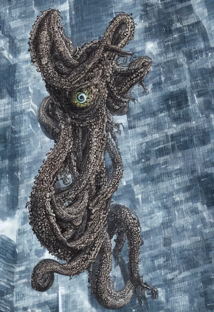 Image similar to A giant Kraken-like multi-eyed monster jumped up with its jaws on a high-rise office building and is eating it, extremely high detail, ultra realistic, photorealism, 8k