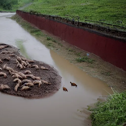 Image similar to National Geographic photograph of a sewage river with feces and goats at dawn