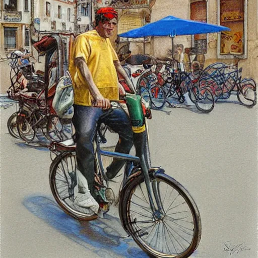 Prompt: a food delivery guy on his bicycle at the streets of Lisbon, art by Stephen Hickman