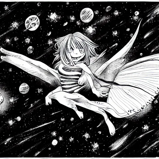 Image similar to angelic lioness flying in outer space, wide angel, black and white ink on paper, thick outlines, 8k high quality detailed art, trending on art station, manga art, by Eiichiro Oda