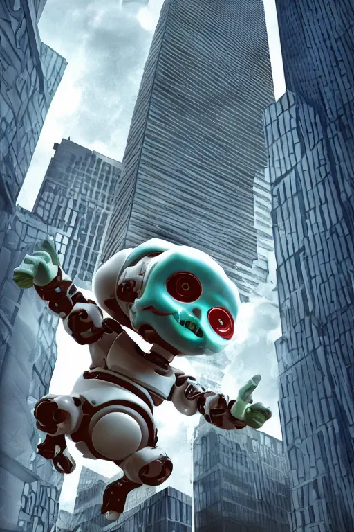 Prompt: evil giant baby with a robo arm and a robo eye in a diaper is taller than office buildings, goes destroying buildings under his feet, art, illustration, 3 d, render