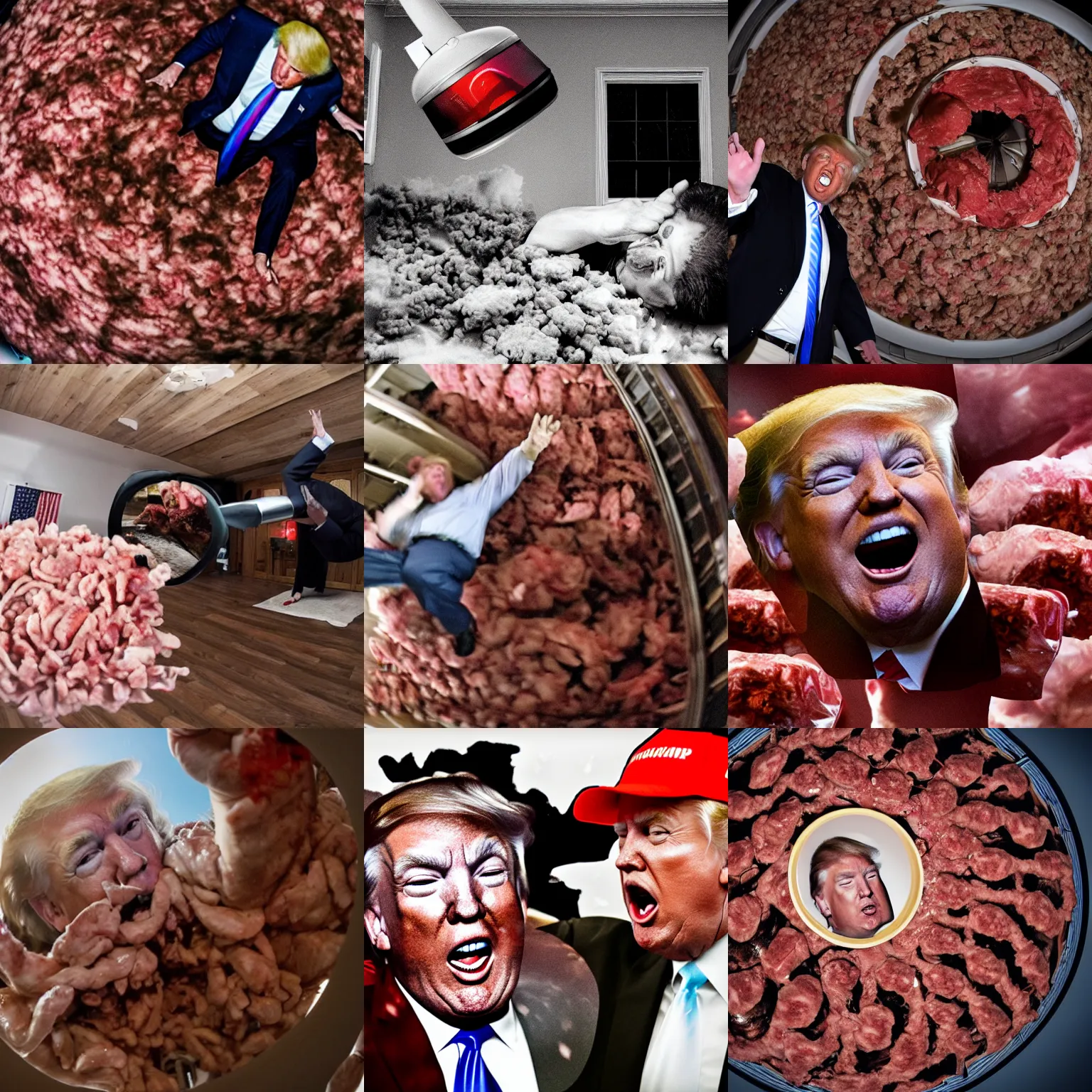 Prompt: fisheye lens photo of donald trump getting mangled by a ceiling fan, blood and bone, ground meat