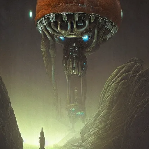 Prompt: scene from prometheus movie, hr giger artlilery spaceship lands in an alien landscape, filigree ornaments, volumetric lights, simon stalenhag, beksinski