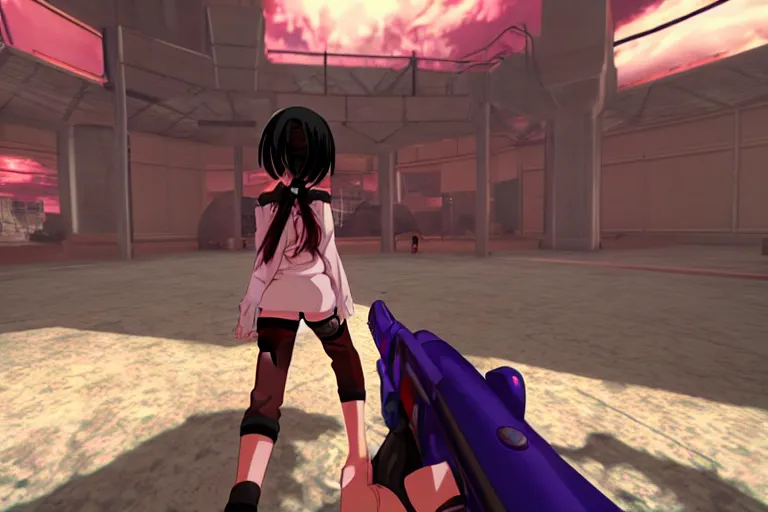 Image similar to an anime girl in a screenshot of the video game doom, the anime girl is running