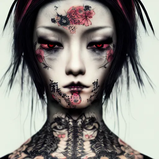 Image similar to japanese gothic model with maximalist hair style and kanji tattoos, dark colors, fashion model, portrait shot, depth of field, 8 k, hyper detailed, intricate, trending on artstation