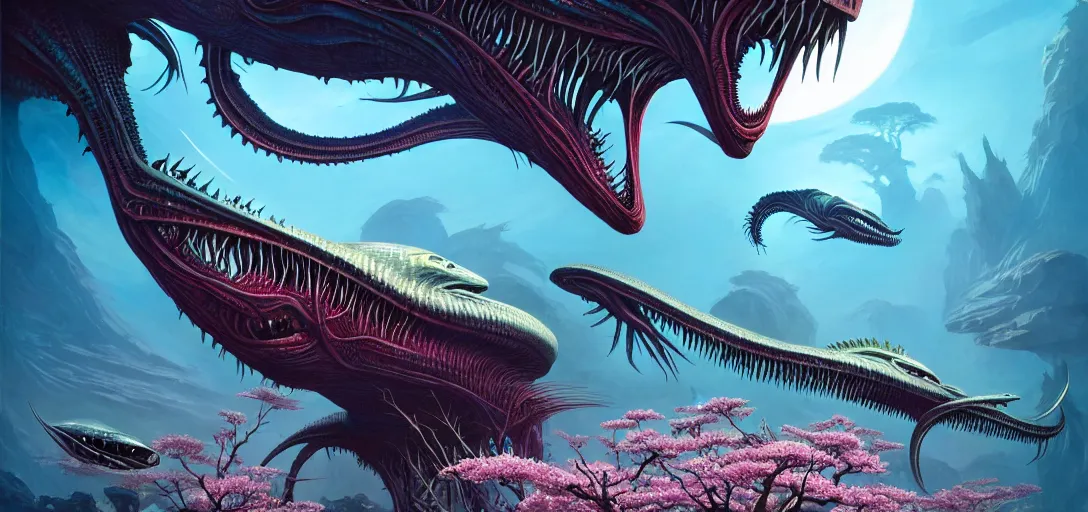 Prompt: photo of an alien fish with long fangs in the style of roger dean, realistic, sharp focus, 8 k high definition, insanely detailed, intricate, elegant, art by greg rutkowski and artgerm, extreme blur cherry blossoms background