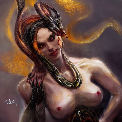 Image similar to snake woman hybrid, long, black scales, bright amber eyes, chest coverd, scales on her chest, smileing happy, cinematographic shot, by daniel f. gerhartz