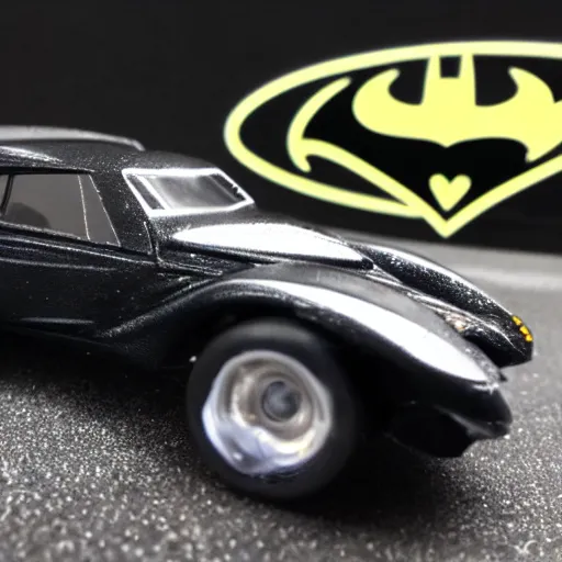 Image similar to 3 5 mm photo of metallic black batman car like hot wheels model with a batcave as background