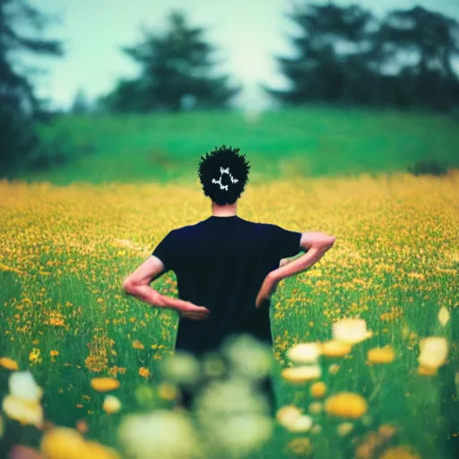 Prompt: kodak portra 4 0 0 photograph of a skinny goth guy standing far back in a field of flowers, back view, flower crown, moody lighting, telephoto, 9 0 s vibe, blurry background, vaporwave colors, faded!,