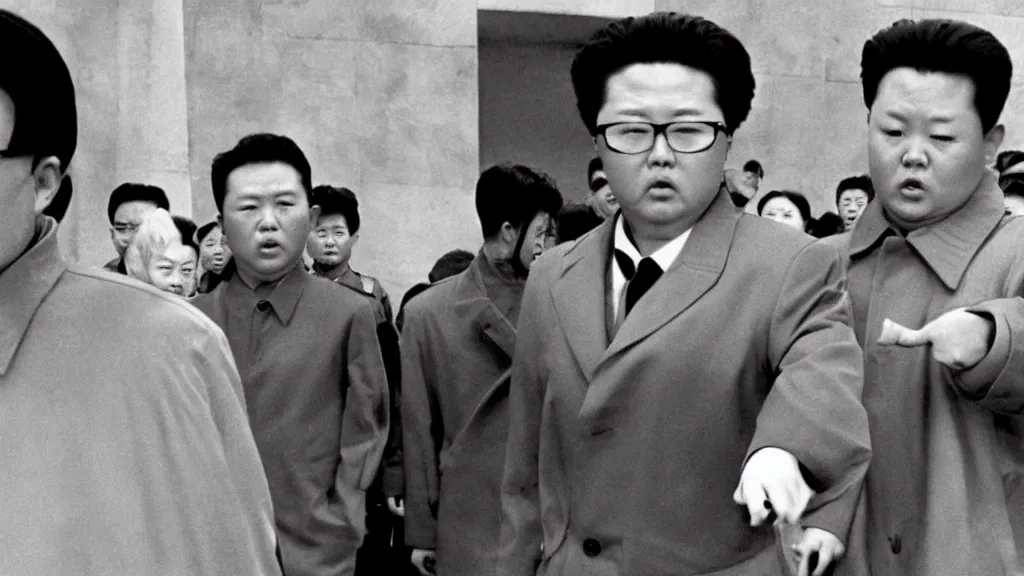 Image similar to kim jong - il walking in 1 9 6 0 s pyongyang, film noir thriller in the style of orson welles and andrei tarkovski