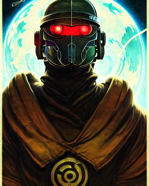 Prompt: a fed up cyber astro monk like from skyrim and elden ring and grand theft auto and overwatch, character portrait, portrait, close up, concept art, intricate details, extremely detailed, realistic vintage sci - fi poster, in the style of chris foss, rodger dean, moebius, michael whelan, lumi, and gustave dore