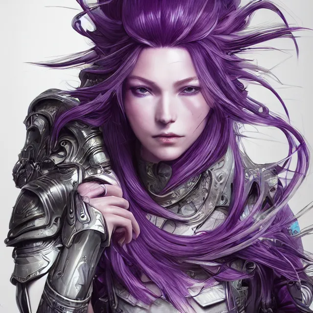 Image similar to close facial portrait of a pale woman in futuristic leather armor with flowing purple hair, elegant, stoic, intense, ultrafine hyperdetailed illustration by kim jung gi, irakli nadar, intricate linework, sharp focus, bright colors, octopath traveler, final fantasy, hearthstone, highly rendered, global illumination, radiant light, detailed, intricate environment