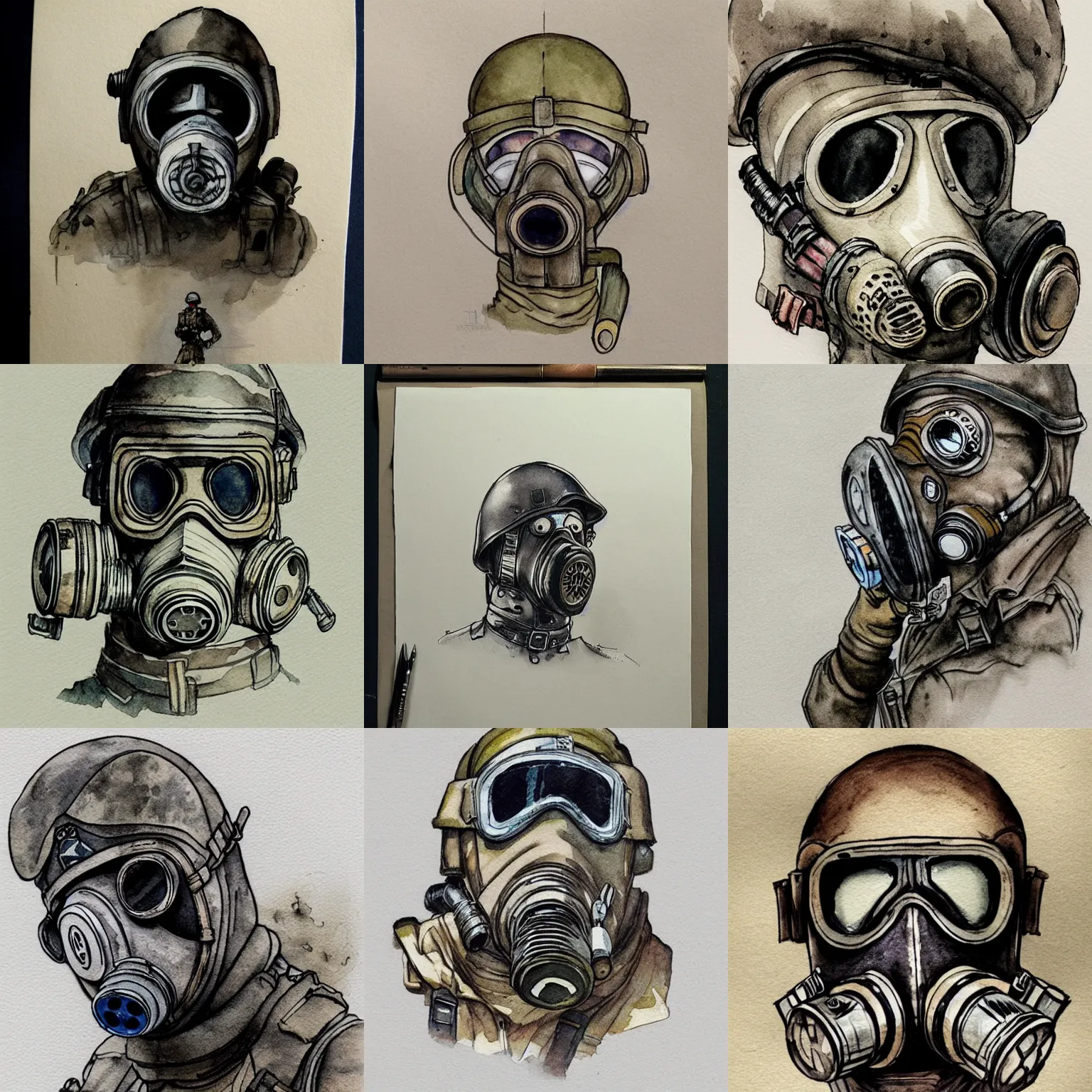 Prompt: beautiful aesthetic inspirational masterful professional ink pen and watercolor sketch of a soldier in gas mask, ultra detailed, fine details, trending on artstation, high quality paper