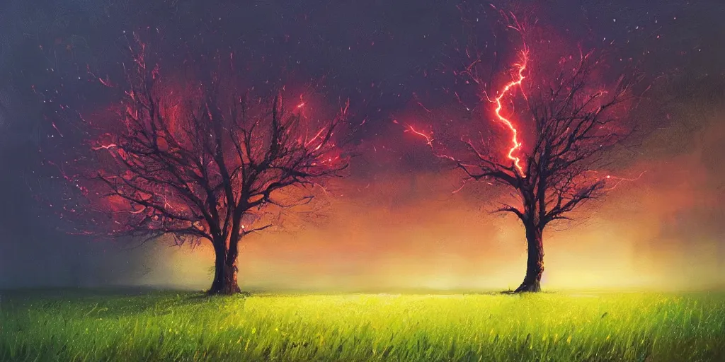 Prompt: lightning strikes a tree in the middle of a field, painting By Alena Aenami,