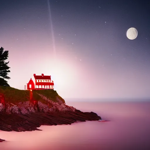 Prompt: A red and white striped lighthouse shining out onto the sea; a white house with a red roof with the lights on inside; thin dark trees behind; nighttime with stars behind; full moon;Octane 8K Rendering,