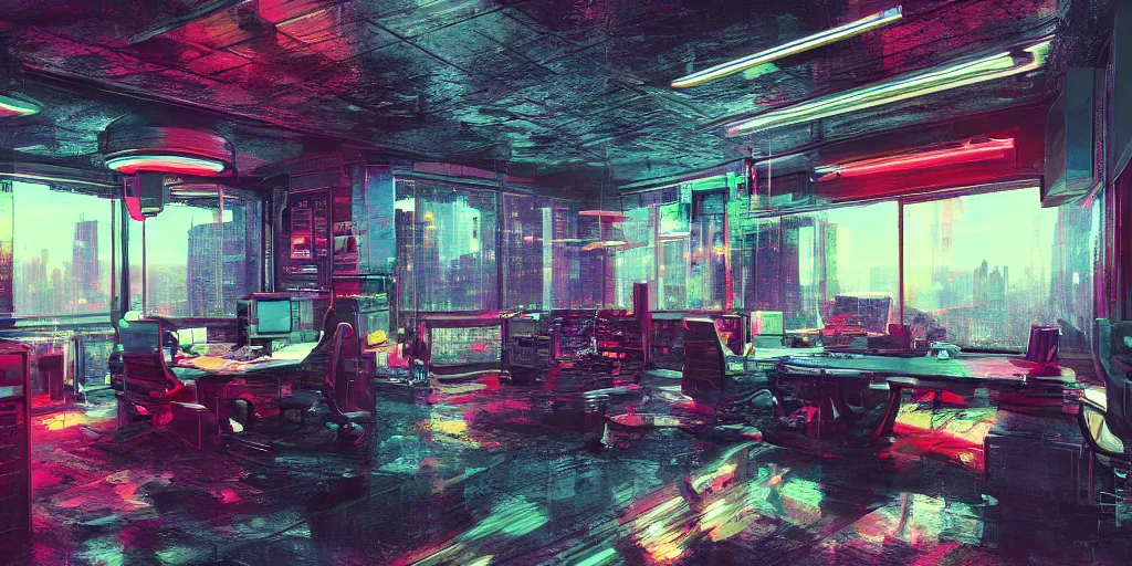 Prompt: interior shot of a neon office cinematic shot with windows overlooking a nuclear explosion cyberpunk, hyper detailed, artstation, 8k
