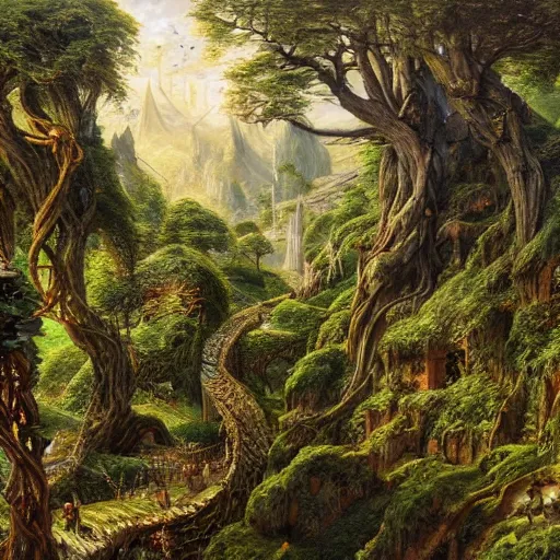 Prompt: a beautiful and highly detailed oil painting of an elven kingdom deep in the lush mountains, tangled wooden structures, stone brick structures, ancient runes, intricate details, epic scale, insanely complex, 8 k, sharp focus, hyper realism, fantasy landscape, psychedelic, by caspar friedrich and brian froud,