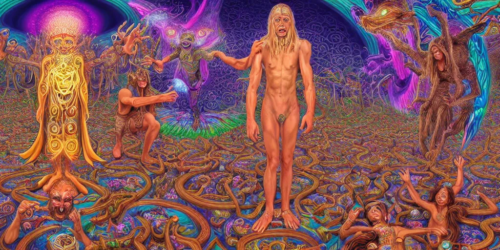 Image similar to hyper detailed portrait of a dmt spirit guide greeting a lost psychonaught, friendly dmt time elves, cathedral background, masterpiece composition, 8 k resolution, ultra fine illustration, alex grey, todd schorr, casey weldon, tokio aoyama, highly detailed,