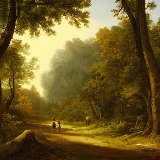 Prompt: a narrow path in an old forest, scarce sun rays peaking, a matte painting by asher brown durand, a fantasy dnd man walking down the path in the distance