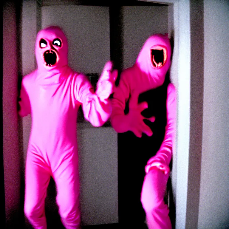 Image similar to a nightmare where a man in a pink morphsuit chases you down a dark hallway, horror, creepy, 3 5 mm, film shot, found footage, scary