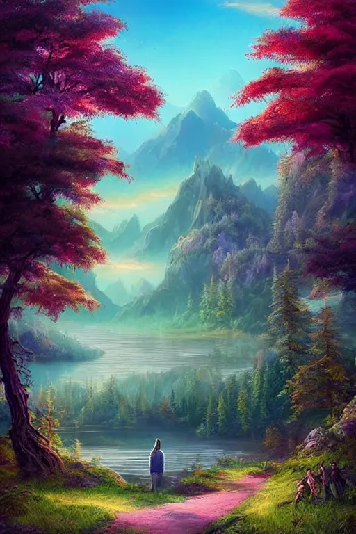 Image similar to beautiful matte painting style synthwave, whimsical art fantasy path mountains and meadow in the background near a lake reflecting the trees, atmospheric lighting, painted, intricate, volumetric lighting, beautiful, rich deep colors masterpiece, sharp focus, ultra detailed by