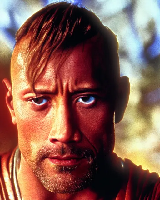 Image similar to Film still close-up shot of Dwayne Johnson as Obi-Wan Kenobi from the movie Return of the Jedi. Photographic, photography