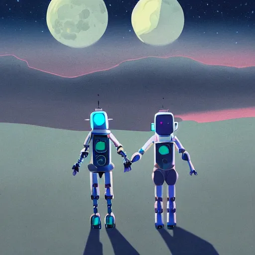 Prompt: illustration of two robots holding hands on a summit, standing, looking out toward a full moon on a starry night, beautiful, muted colors, in the style of hirohiko araki, rutkowski, atey ghailan