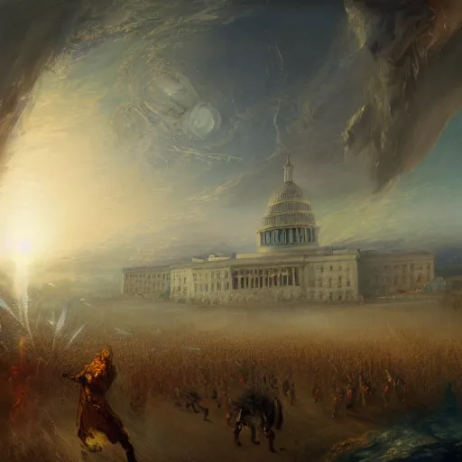 Prompt: highly detailed painting of alien androids attacking washington dc, by william turner, by greg rutkowski, by william constable, thick brush strokes and visible paint layers, 4 k resolution