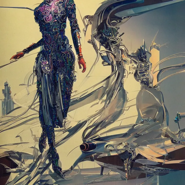 Image similar to chinese princess, full body, high fashion, futurist, aerodynamic, flowing, intricate, slick, highly detailed, digital painting, cyberpunk, concept art, smooth, sharp focus, hd, art by syd mead and bruce pennington and annie leibovitz