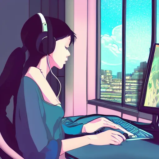 Image similar to a side view of a beautiful girl sitting on her desktop writing something, headphones on, hand on her chin, nightlamp, digital art, anime, studio ghibli style, window and city background, portrait