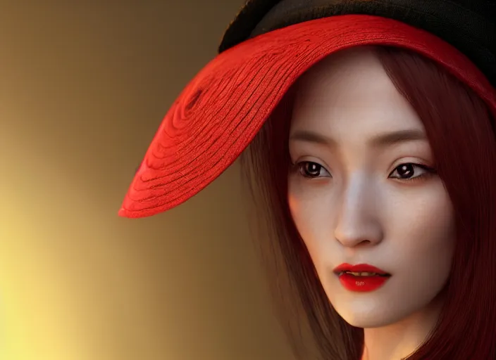 Image similar to stunning render portrait of a beautiful oriental woman with red hair wearing a hat, her eyes are green. 4 k, daz, octane, zbrush, maya, 8 k, artstation.