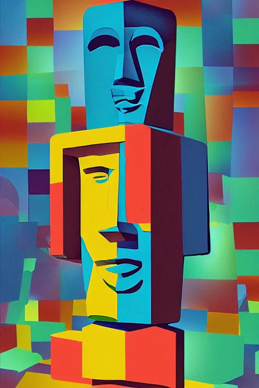 Image similar to cubist moai statue cutout digital illustration cartoon colorful beeple