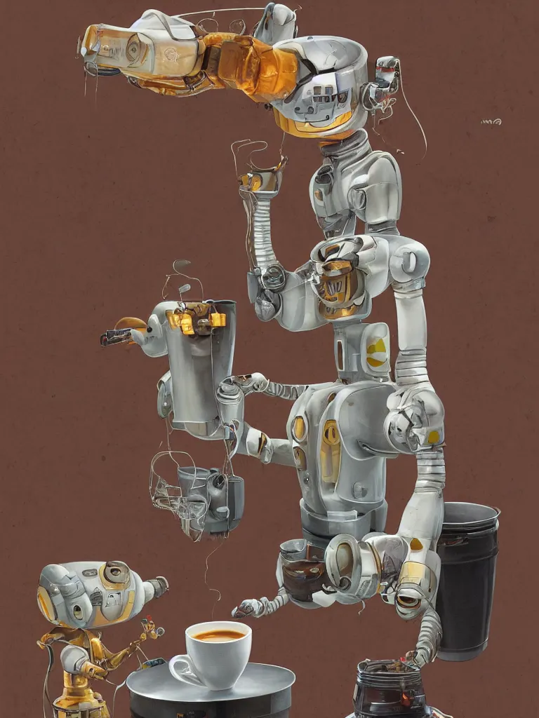 Image similar to half-length portrait of my friendly empatic robot offering a fresh cup of hot coffee to my friends, small sharp focus on coffee cup, by Simon Stalenhaag, by Yoshita Amano, by Esao Andrews, deviantart, 4K