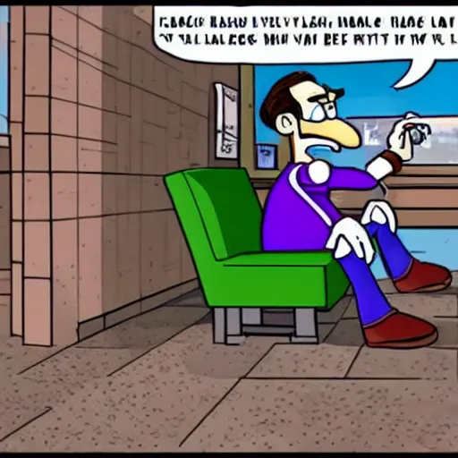 Prompt: waluigi sits alone, sad, contemplating his role in life, looking at a photo of luigi