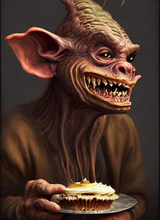 Image similar to profile face portrait of a medieval goblin eating cakes in the cloisters, beautiful face, hyper realistic, highly detailed, digital painting, artstation, illustration, concept art by hyung tae and frank frazetta, digital paint, matte paint, washed colors, dark, gloomy