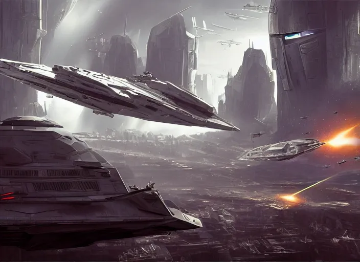 Image similar to a single large spaceship seen from the surface of a busy metropolis, star wars digital art, trending on art station
