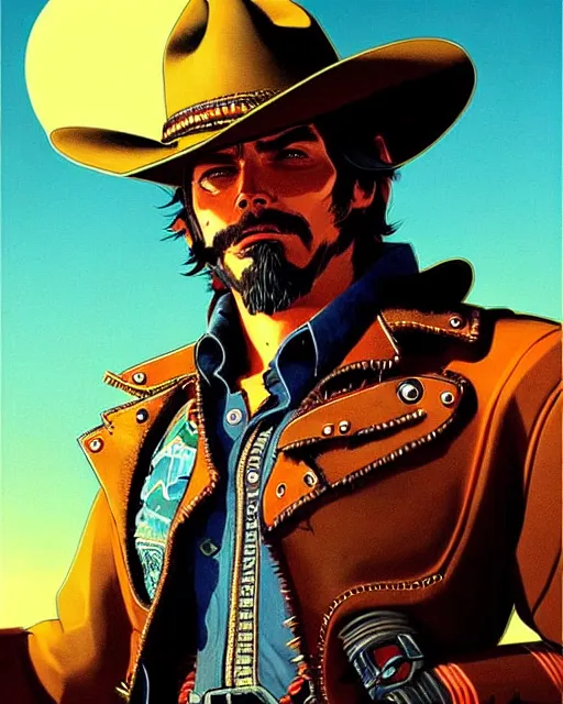 Image similar to mccree from overwatch, character portrait, portrait, close up, concept art, intricate details, highly detailed, vintage sci - fi poster, retro future, in the style of chris foss, rodger dean, moebius, michael whelan, and gustave dore