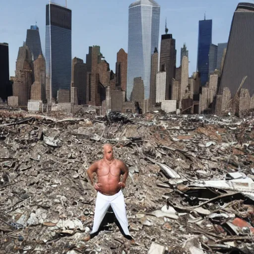 Image similar to a wide shot of a very drunk evil Rudy Giuliani squatting smiling wearing a yellow speedo on top of the world trade center rubble pile in new york